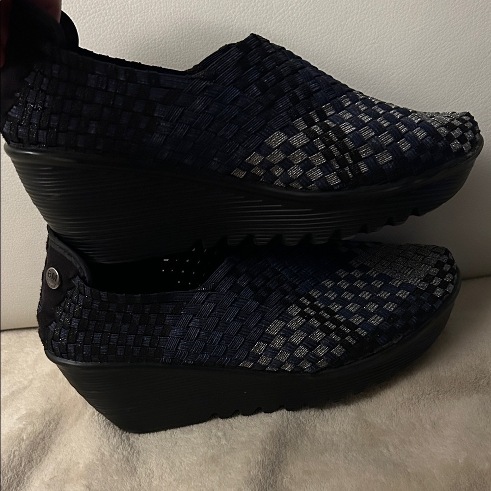 Bernie Mev Women’s Woven Slip-On Wedge Loafers - Black, Navy, and Silver